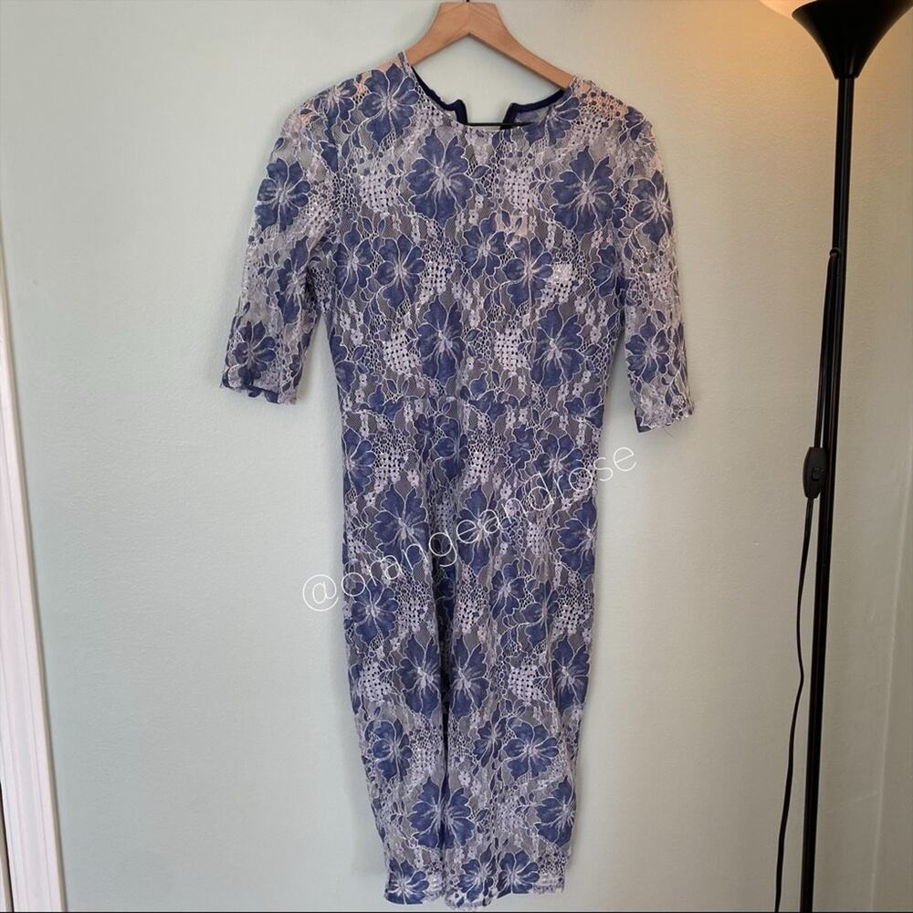 NWT VONE Antropologie Blue White Floral Lace Mini Dress Small - Picture 14 of 14